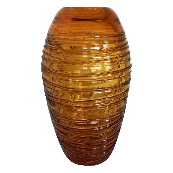 Eastern Hand Blown Beehive Vase Thick Amber Art Glass String Thread Overlay EUC - Picture 8 of 16